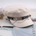 Chic beige PU leather newsboy hat featuring trendy silver chain and star charm detail - Flat Top with Smiley Pendant / White