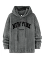 Detail of grey plush hoodie fabric with New York Cheerful print and drawstring - S / Gray