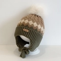 Winter knitted earflap hat with army green wavy pattern and white faux fur pompom - Rhombus Twist / Khaki Green