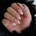 Pink French almond press-on nails with white tips, heart designs and gold glitter accents - Nude Pink Heart Rhinestone Style (DW72)