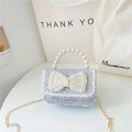 Blue tweed mini handbag for girls with sparkling sequins and pearl bow decoration - Pearl Blue