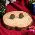 Cute green Christmas gift box stud earrings with red ribbon for festive women's jewelry - Gift Box