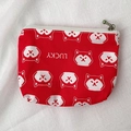 Mini red canvas coin purse with lucky shiba inu dog print and white zipper closure - Red Dog Face