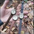 Vintage bronze cat watch for students with heart and paw print dial on grey strap - Coffee (64308)