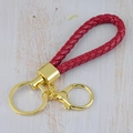 Handmade red braided leather keychain with golden metal ring and lobster clasp - Generation 1 Round Dragon Woven Buckle (Light Gold) / Burgundy
