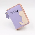 Detail of purple PU leather cat wallet featuring beige polka dot cat silhouette and zip pull - Short Style / Light Purple