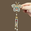 Traditional butterfly hair clip with blue clouds, pearls and long tassels in gold metal - F1372 Pearl Butterfly Tassel