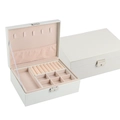 White double-layer leather jewelry storage box with pink velvet interior and lock - White