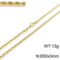 Golden hip hop twisted rope chain in stainless steel, 650x3mm size and 13g weight - 3mm x 65cm