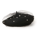 Elegant black wool beret with white pearls and black mesh veil in a chic French style - M (56-58cm) / Black