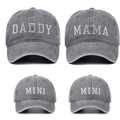 Detailed close-up of embroidered DADDY MAMA and MINI texts on washed cotton caps - 4pcs Grey (DADDY+MAMA+2*MINI)