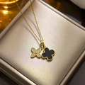 Luxury gold titanium steel necklace with clover charms in black shell and white crystals - 8922 Black Clover