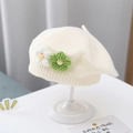 Beige knitted baby beret with handmade white and green flower accents for autumn - Double Flower Knit Beret / Off White
