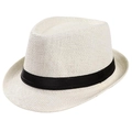 Detail of white breathable woven fedora hat with black decorative ribbon and mesh texture - 58cm (Adjustable) / Cream