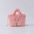 Pink faux rabbit fur handbag for women with gold reindeer deer charm and tassels - Korean Pink