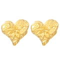 Detail of gold heart stud earrings featuring unique liquid metal textured surface - 18K Gold Plated Hammered Heart (2834)