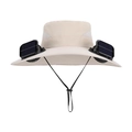 Beige wide brim solar powered dual fan sun hat with adjustable chin strap for outdoor cooling - Beige