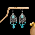 Bohemian turquoise tassel earrings in vintage silver finish on wood branch - E2556/Turquoise Blue Tassel Ball Drop