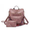 Roze PU-lederen rugzakset met bijpassende clutch en decoratieve geweven riem - Roze