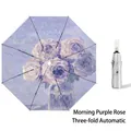 Automatic folding umbrella with morning purple rose oil painting print and silver coating - Automatic 3-Fold Morning Purple Rose - Silver Coating