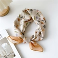 Linen cotton small square scarf with floral print and yellow rolled edges in knotted style - 12 Cotton - Red Stamen Chrysanthemum Yellow Edge