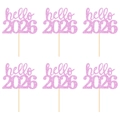 Décorations de gâteau Hello 2026 pailletées roses avec bâtonnets pour le Nouvel An - hello 2026 / Lot de 6 / Rose