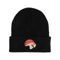 Close-up of black knit beanie featuring a red heart mushroom embroidery detail - Red Heart Mushroom Embroidery / Black