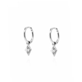 Macro shot of silver huggie earrings with geometric diamond pendants and zircon inlays - Silver Rhombus Drop Earrings