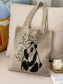 Beige knitted panda tote bag with cute bamboo graphic and wide woven shoulder strap - Khaki