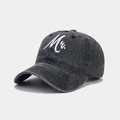 Close-up of Mr. embroidery on a charcoal grey washed cotton vintage baseball cap - Adjustable / Mr. Style / MR Black (Washed)