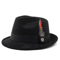 Black wool felt fedora hat for men and women with ribbon feather and vintage metal badge - M(56-58cm) / Suede Black