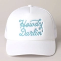 Detail of the blue Howdy Darlin embroidery and white rope trim on the trucker hat mesh - One Size / White