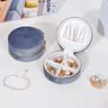Gray-blue velvet round jewelry organizer with gold zipper and internal storage layout - Round Gold Zipper Grey Blue - White Velvet Interior