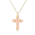 Detail of 18K gold-plated cross pendant with pink enamel eyes and amber zircons - Pink Enamel-Amber Zircon (22411)
