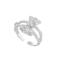 S925 sterling silver hollow bow open ring with textured branch design in silver finish - Adjustable Open / Silver