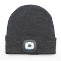 Dark grey knitted beanie featuring an integrated LED headlight for outdoor illumination - 4-LED Style / Deep Heather Grey