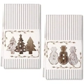 Festive kitchen towels with striped patterns featuring snowman and Christmas tree appliques - Applique Snowman and Tree Style (MJBT66-42) / 2 Pieces/Pack (40*60cm) / Grey and White Stripes