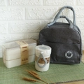 Three-layer beige wheat straw lunch box set with 300ml soup cup and panda thermal bag - Wheat Straw 3-Layer Lunch Box + Round Cup + Gray Bag Set