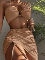 Detail of tan three-piece bikini with gold ring connector and drawstring skirt - Light Coffee