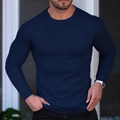 Men's slim fit navy blue long sleeve t-shirt in textured vertical ribbed cotton fabric - M / Navy Blue