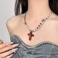 Double-layered gothic cross beaded necklace with silver chains and brown cross pendant - Beaded Cross Style (DX0780)