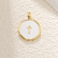 Minimalist white enamel and gold plated round cross pendant with a premium matte background - Cross