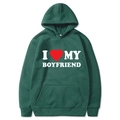 Dark green hoodie featuring I Love My Boyfriend print in a cozy cotton blend - S / Tops / Dark Green
