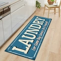 Tappeto lavanderia blu nordico con scritte bianche vintage su pavimento in legno - Style 7-LAUNDRY-Blue