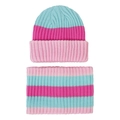 Blue and pink striped knitted beanie hat and neck warmer scarf set for children - Rose Pink & Mint