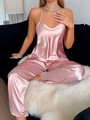 Elegantes rosa Satin-Schlafanzugset mit V-Ausschnitt Top und lockerer Hose zum Entspannen - S / Rosa