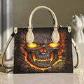 Halloween tote bag with glowing skull print and dual beige handles in premium PU leather - Glowing Skull Hellfire - Off-White Strap