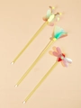 Interactive cat wand toy set with plastic poles featuring butterfly, flower and dragonfly - Green Rod Sequin