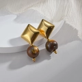 14K gold-plated geometric rhombus stud earrings with tiger eye stone ball pendants - Brown