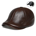 Berretto da uomo in vera pelle marrone scuro e nero con paraorecchie per l'inverno - Coppola a 8 Pannelli Caffè Chiaro